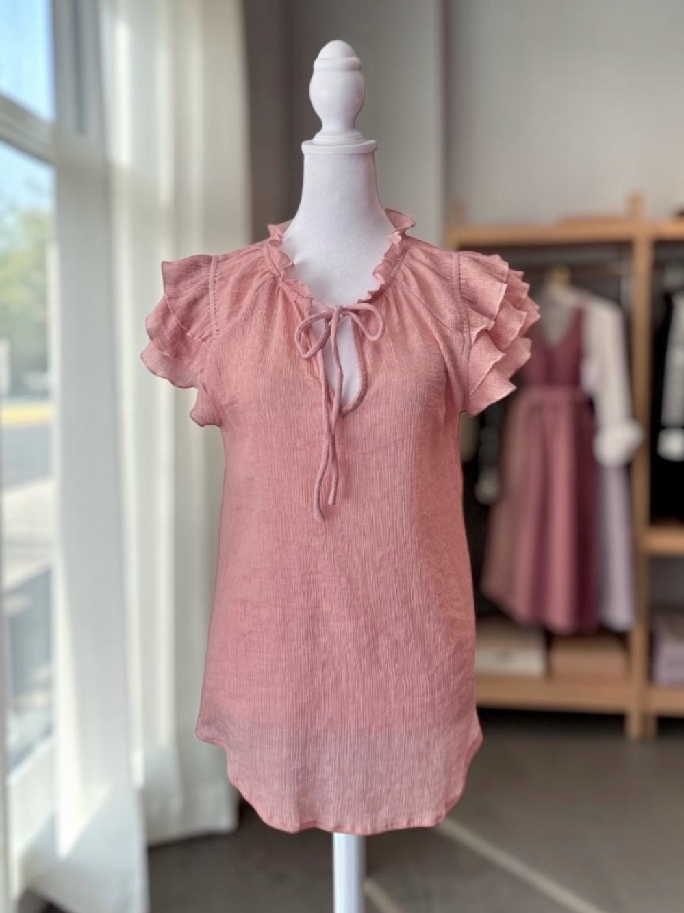 Doe & Rae Blush Pink Logan Gauze Flutter Ruffle Sleeve Blouse Top - L